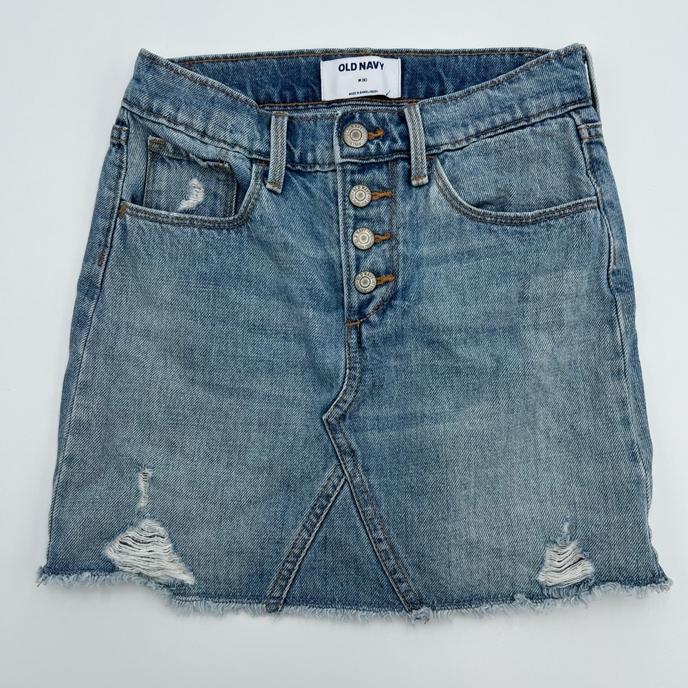 Old Navy Button-Front Denim Skirt Medium Blue Distressed Casual Girl Size M (8)
